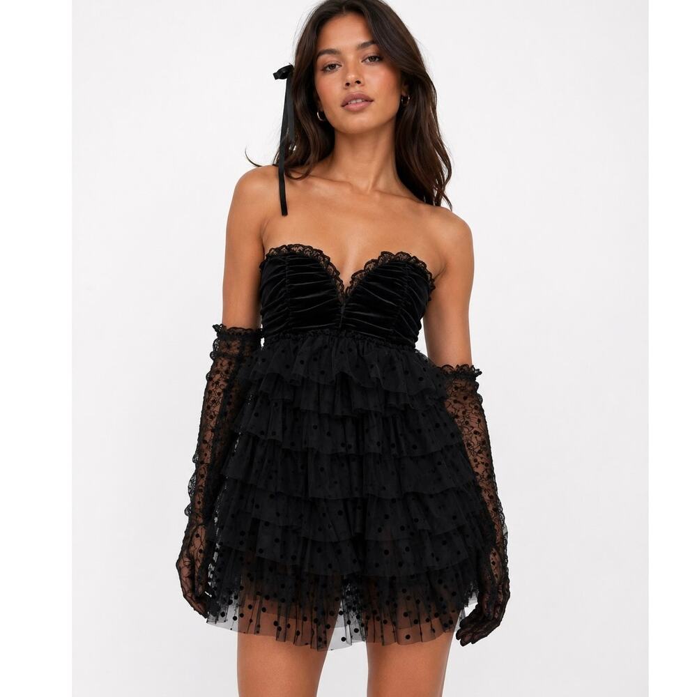 For Love & Lemons Black Jourdan XS Polka Dot Floral Off Shoulder Mini Dress NWT